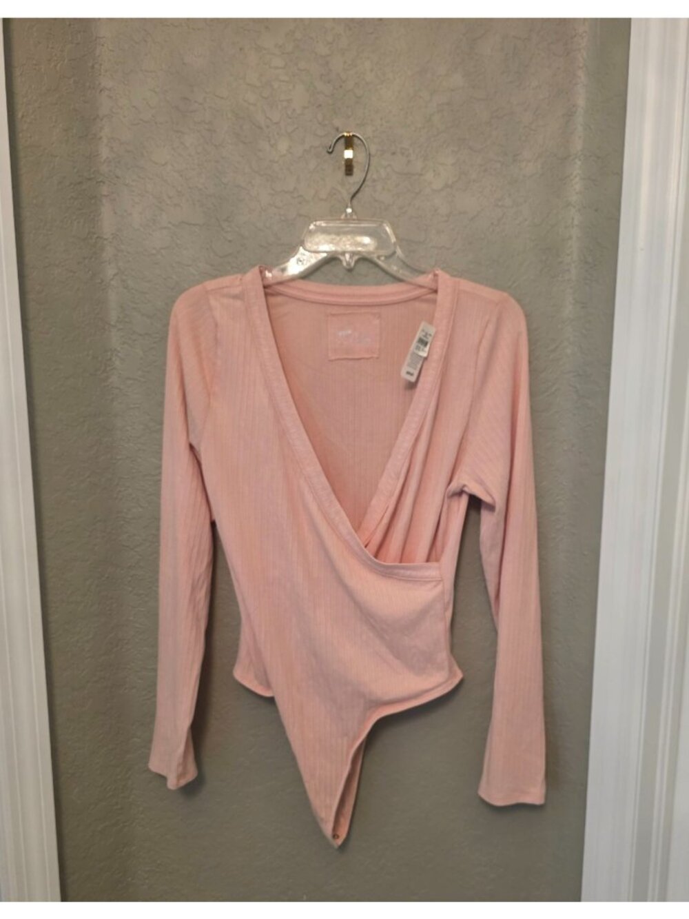 Aerie American Eagle Pink Peach Faux Wrap Ribbed Long Sleeve Bodysuit XL NEW